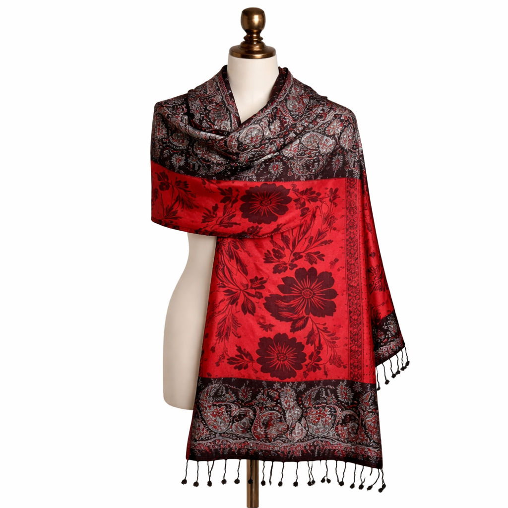 Red Floral Design With Black Kani Cascade